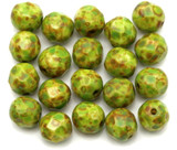 20pc 6mm Czech Fire-Polished Glass Faceted Round Beads, Chalk White w/Picasso & Pebbled Olive