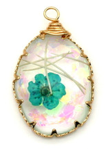 Approx. 28x17mm Brass & Resin Floral Oval Pendant, Teal/Gold (See Photos for Variation)