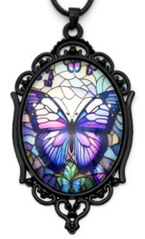 Approx. 64x37mm Filigree-Framed Stained Glass Butterfly Pendant w/ 17.5" Cord, Black/Silver