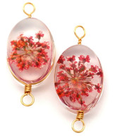 2pc 29x13mm Glass & Pressed Flower Oval Links, Gold/Red