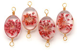 2pc 29x13mm Glass & Pressed Flower Oval Links, Gold/Red