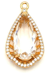 26x15mm Brass & Crystal Teardrop Pendant w/Micro-Pave Cubic Zirconia, Gold/Crystal