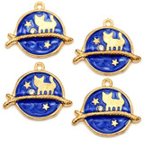 4pc 26x22mm Enameled Cat on a Branch Round Pendant, Gold/Cornflower Blue