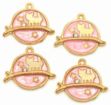 4pc 26x22mm Enameled Cat on a Branch Round Pendant, Gold/Pink