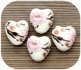 4pc 12mm Porcelain Floral Heart Beads, White w/Pale Pink & Brown