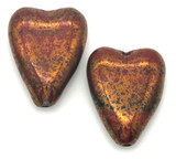 2pc 16x13mm Czech Pressed Glass Long Heart Beads, Striated Red & Black w/Gold Topaz Luster