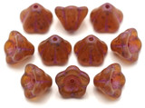 10pc 6x8mm Czech Pressed Glass Bell Flower Beads, Pink Opal/Picasso/Pink Wash