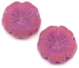 2pc 14mm Czech Table-Cut Glass Hawaiian Flower Beads, Pink Opal w/Pebbled Orchid