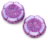 2pc 14mm Czech Table-Cut Glass Hawaiian Flower Bead, Light Violet Swirl w/Pebbled Orchid