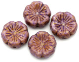 4pc 14mm Czech Pressed Glass Hawaiian Flower Beads, Alabaster w/Lavender Spice