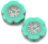 2pc 14mm Czech Table-Cut Glass Hawaiian Flower Beads, Opaque Turquoise/Matte Silver Wash