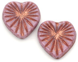 2pc 18mm Czech Pressed Glass Kiwi Heart Beads, Coral Pink w/Rose Gold