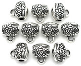 10pc 10x9mm Tube Bail Beads w/Flower Pattern, Antique Silver