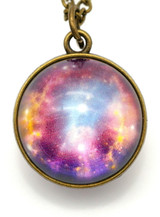 Approx. 20mm Glass Printed Pink Nebula Pendant w/Chain, Antique Bronze