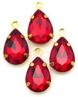 4pc 17x10mm Crystal & Brass Faceted Teardrop Pendants, Red w/Gold