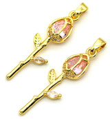 2pc 28x8mm 18K Gold-Plated Brass & Cubic Zirconia Rose Pendant w/Attached Bail, Rosaline