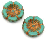 2pc 14mm Czech Table-Cut Glass Hawaiian Flower Beads, Opaque Turquoise w/Picasso & Copper Lined