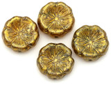 4pc 14mm Czech Pressed Glass Hawaiian Flower Beads, Crystal w/Picasso & Marbled Gold