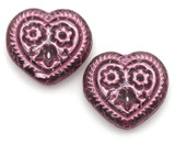 2pc 17mm Czech Pressed Glass Heart with Flower Beads, Amethyst w/Pink Wash