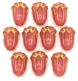 10pc 12x8mm Czech Pressed Glass Tulip Beads, Pink Opal w/Gold Wash