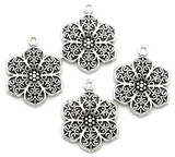 4pc 31x23mm Filigree-Style Flower Pendants, Antique Silver