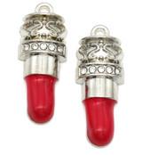 2pc 26x10mm Enameled Lipstick Charms, Silver/Red/Crystal Rhinestones