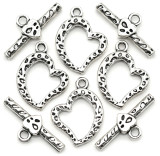 4 Sets 23x17mm (25mm Bar) Patterned Heart Toggle Clasps, Antique Silver