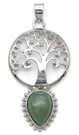 49x26mm Tree of Life Pendant w/Faceted Green Aventurine, Silver