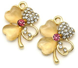 2pc 2x17mm Cats Eye Glass & Rhinestone Shamrock Pendants, Gold