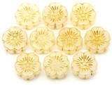 10pc 14mm Glass Flower Beads, Pale Yellow w/Gold Wash