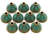 10pc 10x7mm Patterned Cone Bead Caps, Antique Bronze/Turquoise Patina
