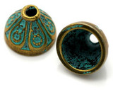10pc 10x7mm Patterned Cone Bead Caps, Antique Bronze/Turquoise Patina