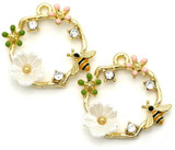 2pc 20x21mm Flower & Bee Enameled Wreath Charms, Gold