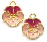 2pc 12x10mm 18k Gold-Plated Brass & Enameled Flower Charms, Pink