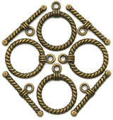 4 Sets 22x18mm (Bar: 25mm Long) Rope-Accent Toggle Clasps, Antique Bronze