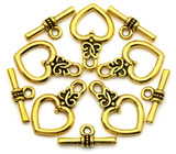 5 Sets 20x13mm (Bar 17mm) Fancy Heart Toggle Clasps, Antique Gold