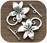 2 Sets 30x23mm (Bar: 21mm) Tropical Flower Toggle Clasps, Antique Silver