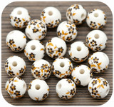 20pc 10mm Porcelain Floral Printed Round Beads, White, Sienna & Gold