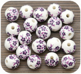 20pc 10mm Porcelain Floral Printed Round Beads, White & Purple