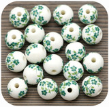 20pc 10mm Porcelain Floral Printed Round Beads, White & Green