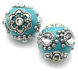2pc Approx. 20x18mm Ornate Polymer Clay, Metal & Rhinestone Kashmiri Beads, Turquoise & Silver
