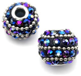 2pc 14-16mm Ornate Clay & Metal Round Kashmiri Beads, Black w/Silver & Indigo Iris (Size Varies Slightly