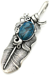 62x19mm Feather Pendant with 14x11mm Blue Picasso Marble (Dyed) Accent, Antique Silver