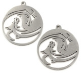 2pc 22x20mm Stainless Steel Laser-Cut Two Dragon Round Pendant