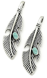 2pc 39x11mm Feather Pendants w/Enamel Accent, Silver/Turquoise