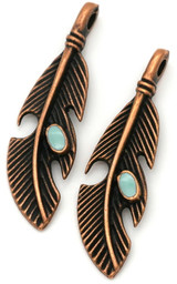 2pc 39x11mm Feather Pendants w/Enamel Accent, Copper/Turquoise