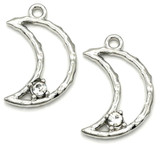 2pc 21x14mm Textured Crescent Moon w/Rhinestone Pendants, Silver