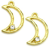 2pc 21x14mm Textured Crescent Moon w/Rhinestone Pendants, Gold