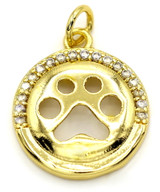 18x15mm Brass & Cubic Zirconia Round Paw Print Pendant, Gold