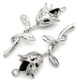 2pc 38x16mm Flower Pendants w/Jet Rhinestone, Silver